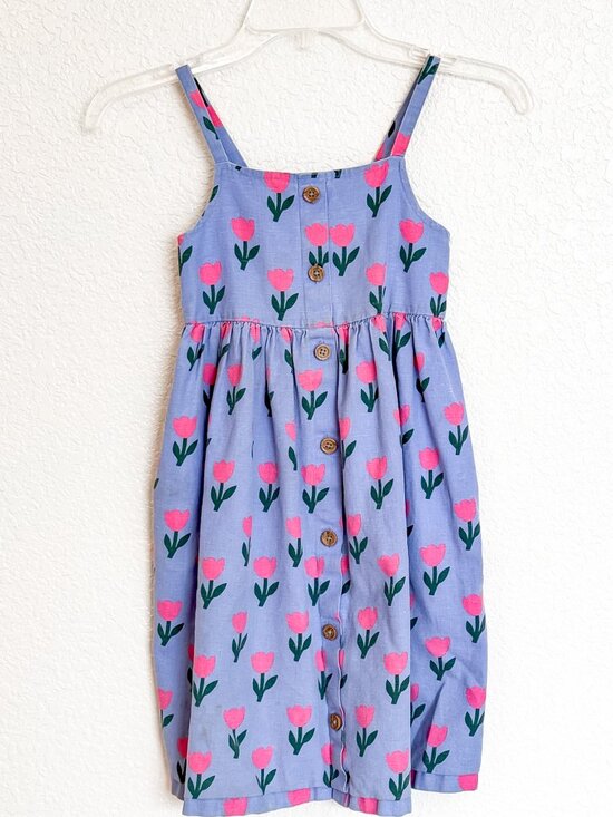 Hanna Andersson Other - Hanna Anderson Linen Midi Dress Size 120cm/6-7 Blue & Pink Tulip Print Pockets